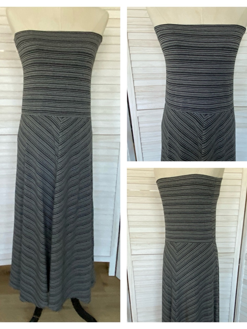 Exofficio Strapless Gray Striped Maxi Dress SZ L Casual Beach Vacation